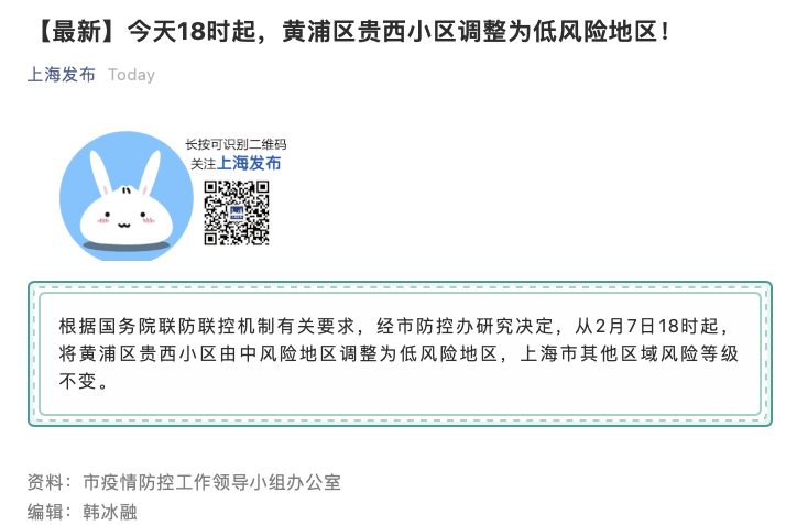 今日18时起,上海黄浦区贵西小区调整为低风险