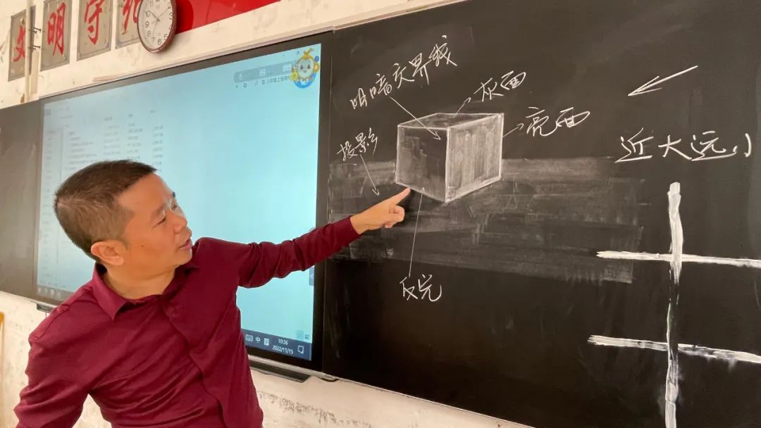 在课上为同学们讲解粉笔画的技巧仙游二中美术教师林金勇11月15日上午