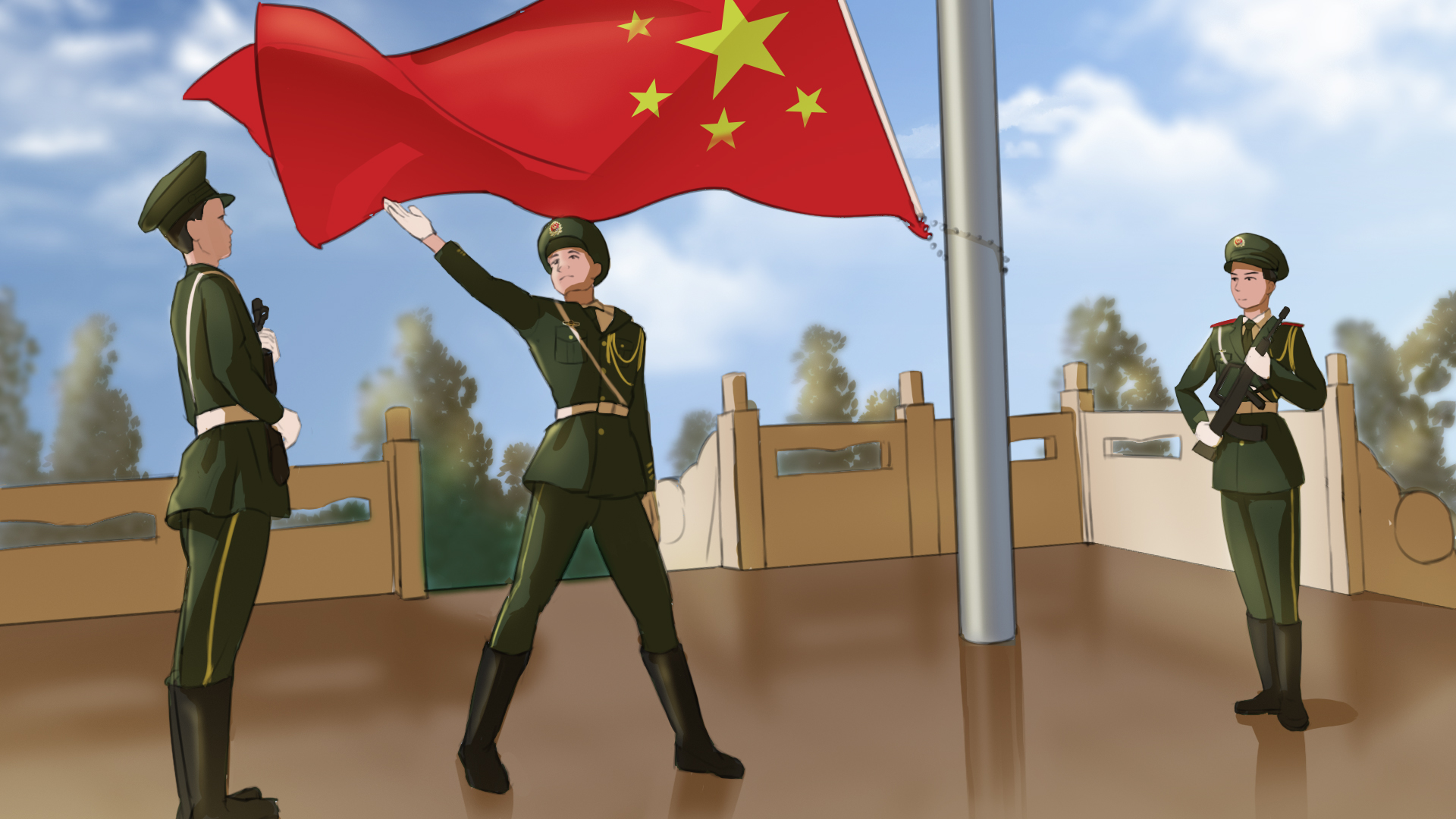 军人升国旗漫画图片图片